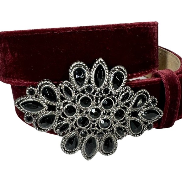 Chicos Velvet Stone Embellished Belt Medium Burgundy Black Rhinestone Jeweled - Picture 2 of 5